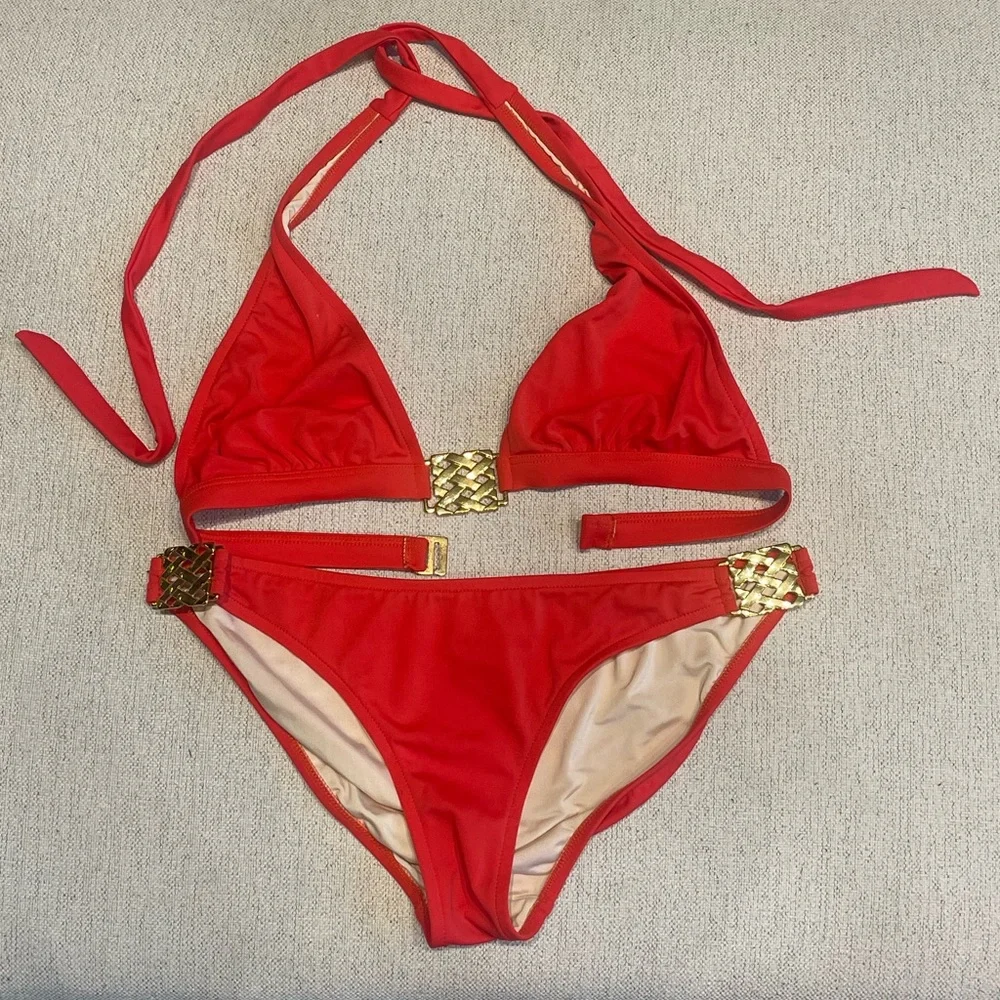 Milly Two-Piece Bikini Set - Orange w/ Gold Details - Like New - Wore 1x - Saks - Picture 4 of 9